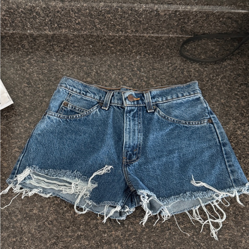 High-Rise Blue Denim Frayed Hem Jean Shorts